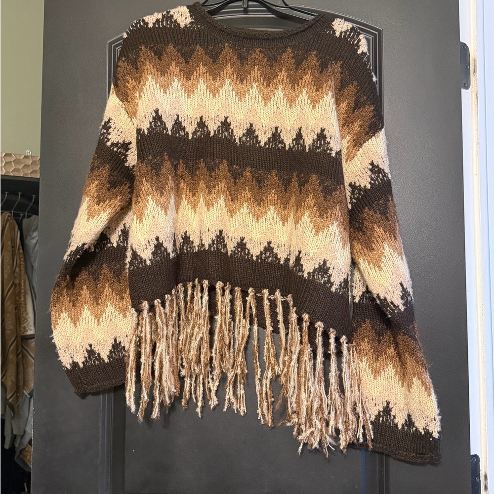 Altar'd State Brown, Tan & Cream Chevron Fringe Sweater